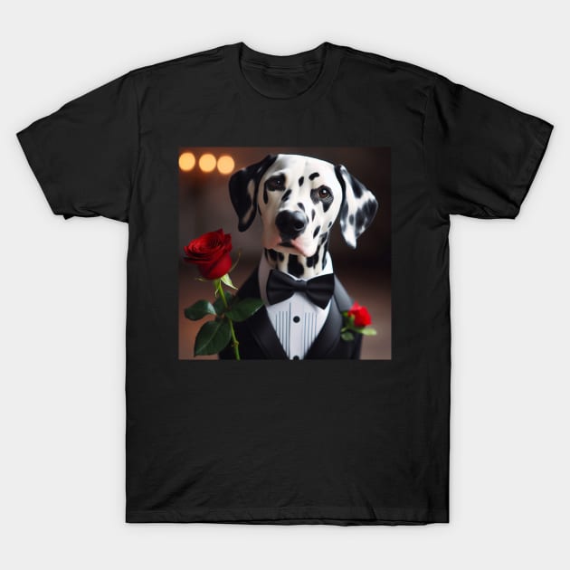 Dalmatian wearing tuxedo and bow tie with red rose T-Shirt by nicecorgi